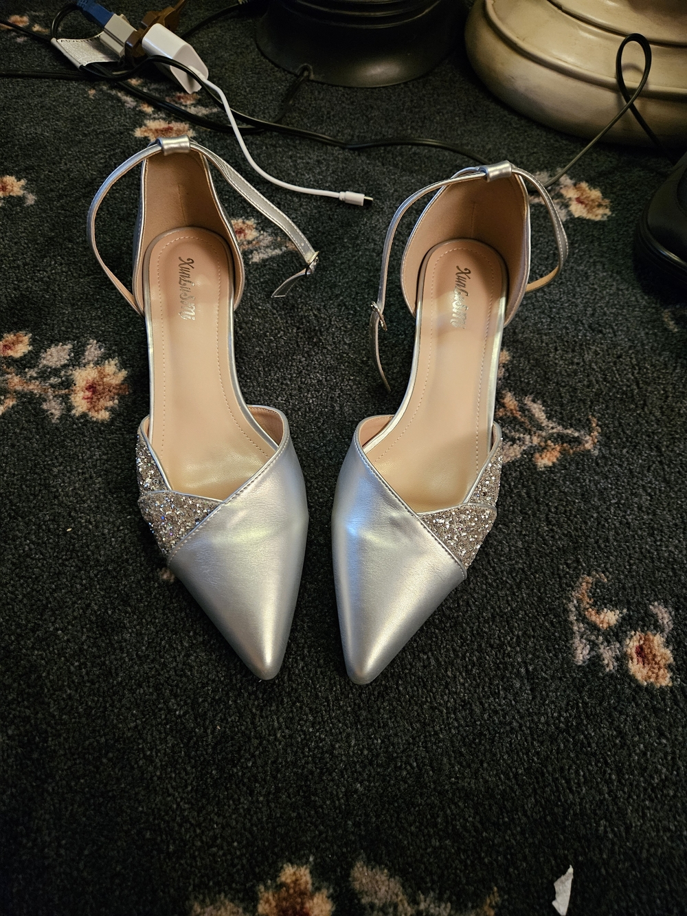 Silver Pointed-Toe Ankle-Strap Pumps with Glitter Trim